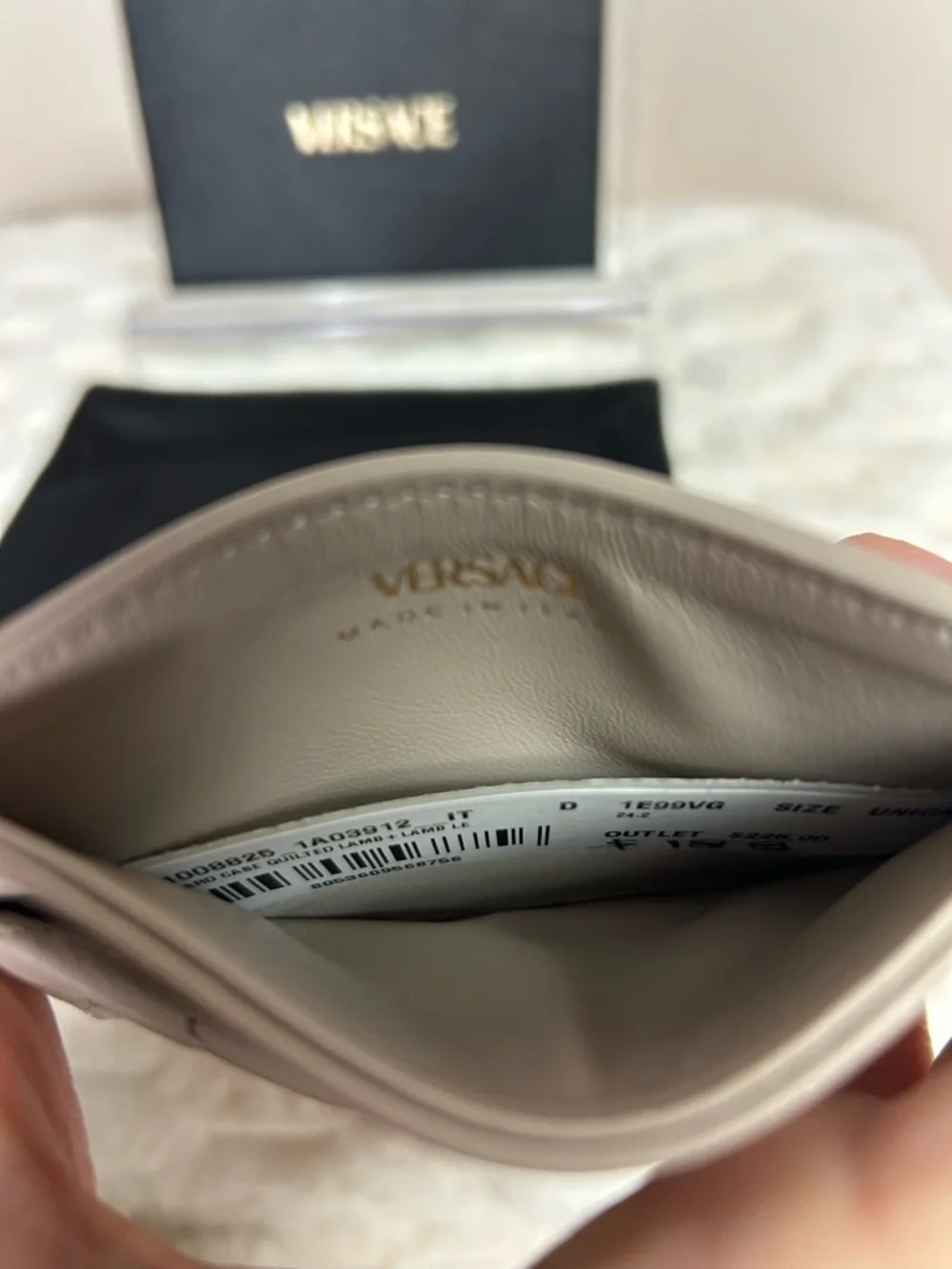 Versace Quilted Card Holder in Beige with Gold Medusa Accent